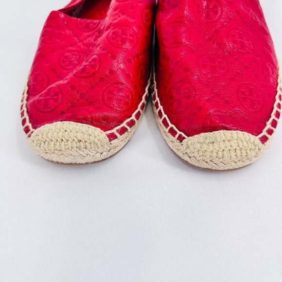 Tory Burch T-monogram Espadrille Flat Size 11  In Red Leather - Picture 3 of 11